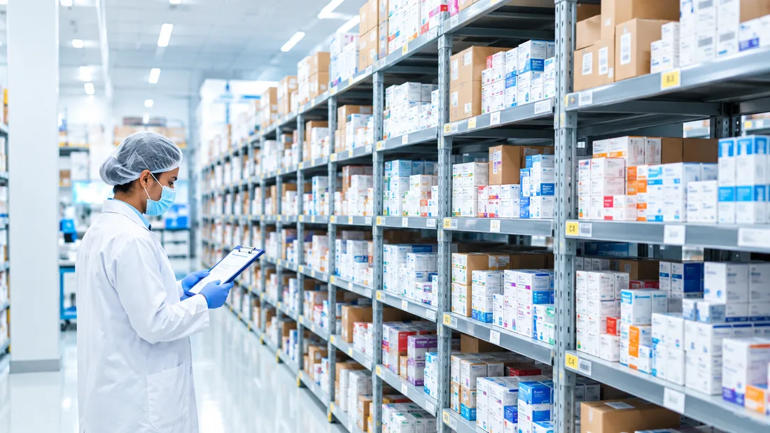 Pharmacist checking medicine stock against a clipboard in the warehouse