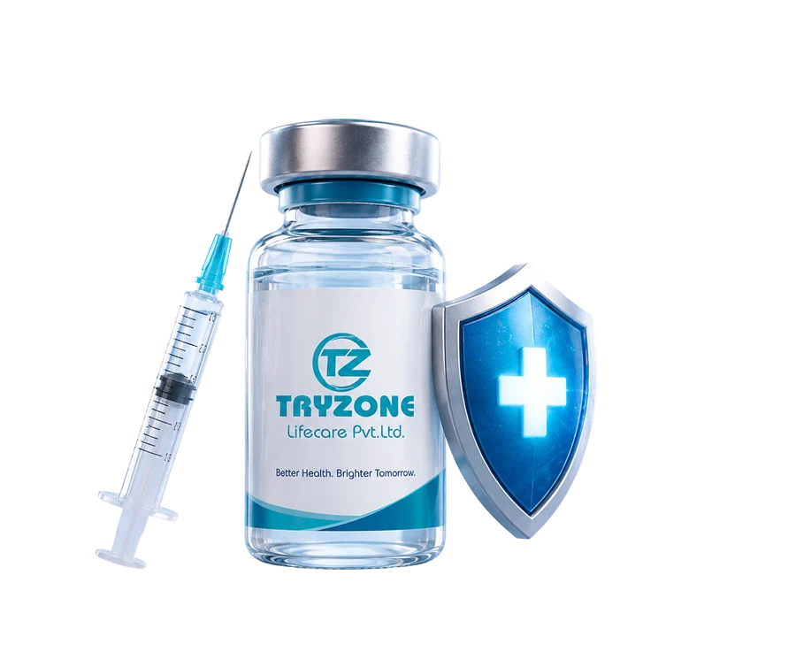 Tryzone Lifecare vaccine vial, syringe and protection shield
