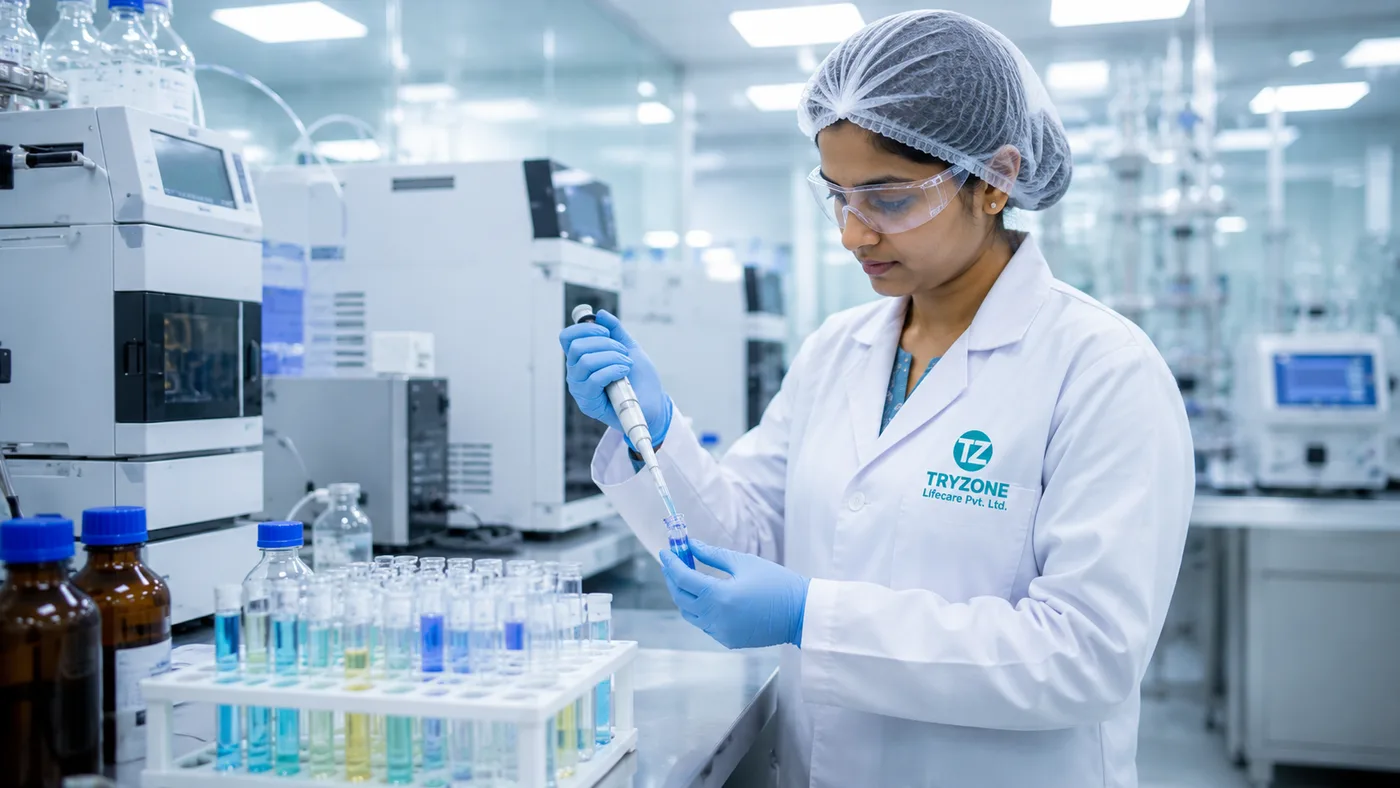 A Tryzone Lifecare analyst preparing a sample in the quality control laboratory